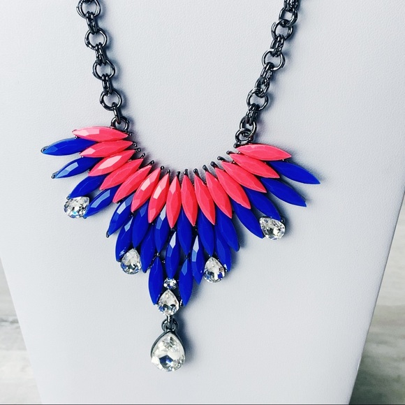 Amrita Singh Gunmetal Blue & Pink Austrian Crystal Bib Modern Bubble Necklace - Picture 11 of 15